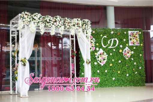 Backdrop cổng hoa trang trí nhà hàng tiệc cưới, Bán phông nền chụp hình tại nhà hàng tiệc cưới