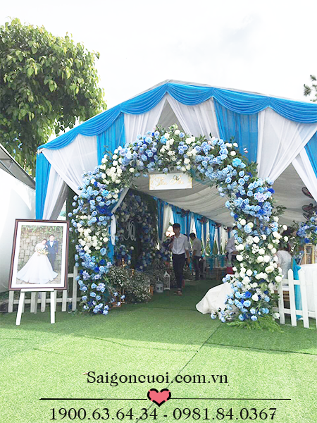Mẫu rạp cưới, nhà bạt cưới mới nhất 2020, Cho thuê khung rạp cưới hỏi đẹp mắt với vải voan tông màu xanh - Nhà bạt, khung rạp tông xanh dương.